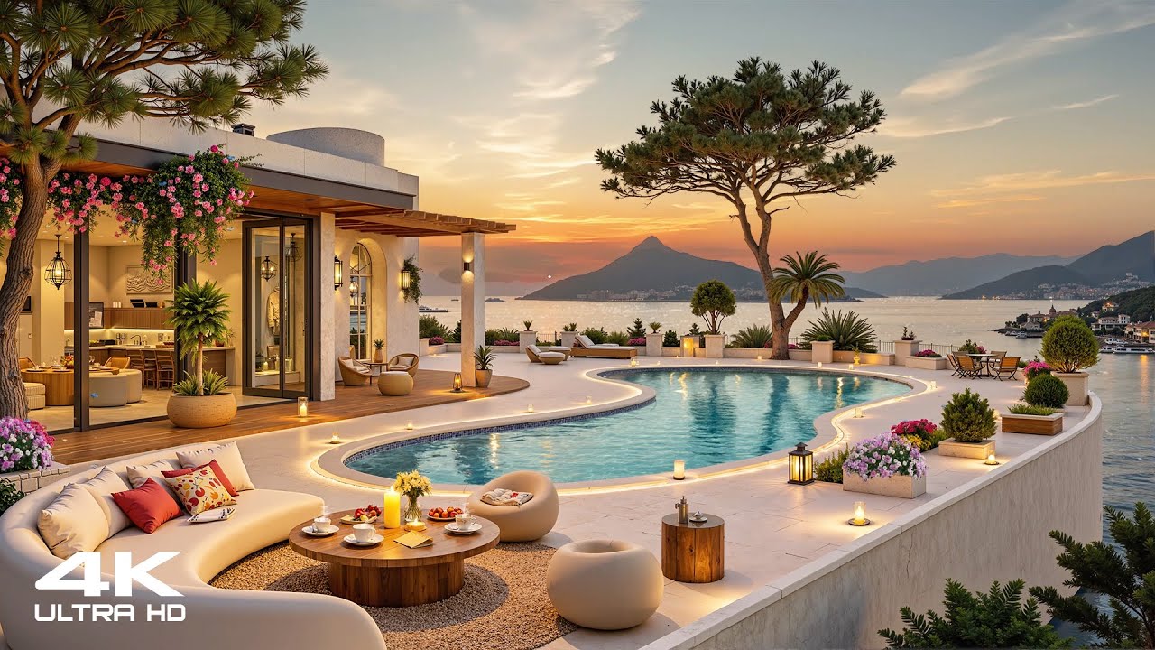 [4K] Peaceful Lakeside Villa Ambience ~ Smooth Jazz Instrumental Music at Sunset for Calm Moments
