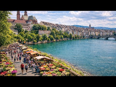 Basel Switzerland City Walk Markets Rhine River 4K 