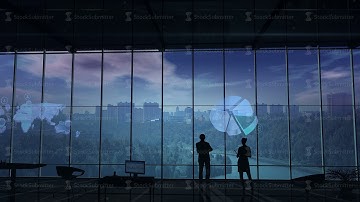 Silhouettes of employees in the office and elements of infographic