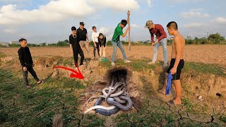 Brave boys and professional hunters confront giant snakes