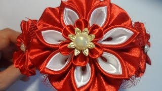 Красный ободок для волос Канзаши / kanzashi flowers tutorial