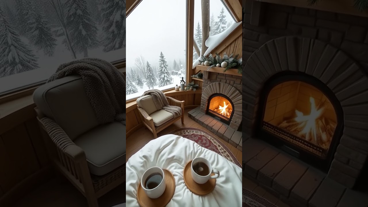 Peaceful Snowy Cabin, Cozy Winter Cabin, Relaxing, Fireplace, Coffee