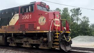 Canadian National Locomotives 3901, 2976, 8824, & 2223 Pull 124 Car Train through Stone Lake, WI