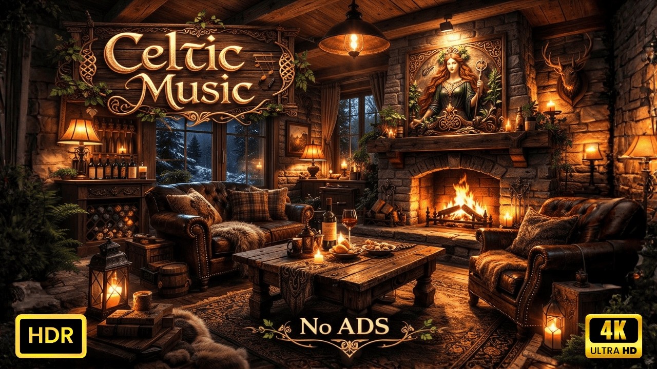 Cozy Scottish Fireplace Atmosphere , Warm Irish Pub 4K | Chill Celtic Music for Study Sleep Reading