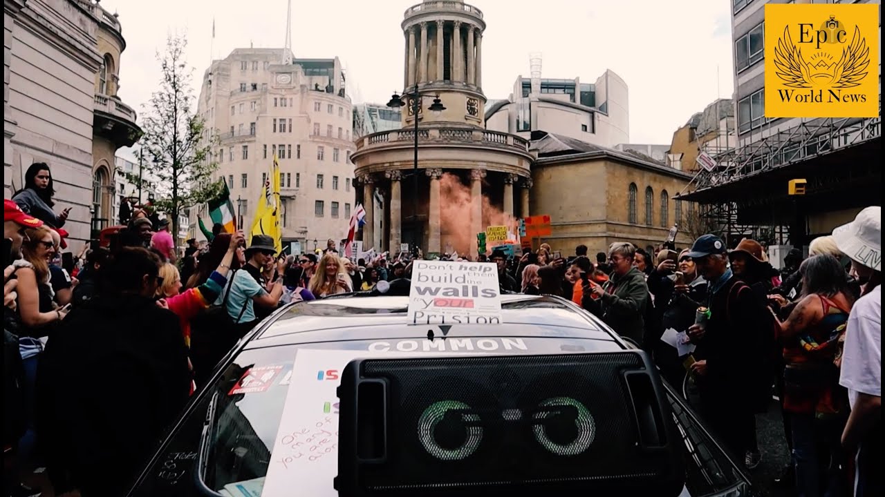 Freedom Car Outside BBC HQ During a Huge Freedom Rally in London on 15