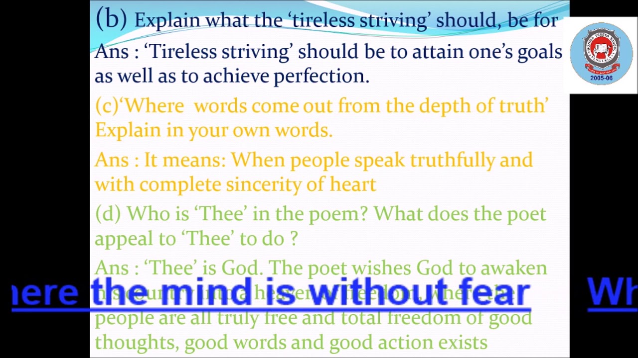 Where the mind is without fear, Questions and Answers, from the ...