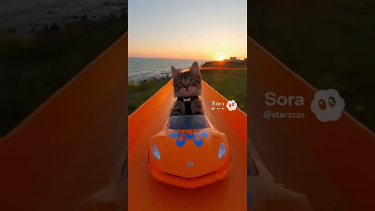Cat driving on hot wheels track