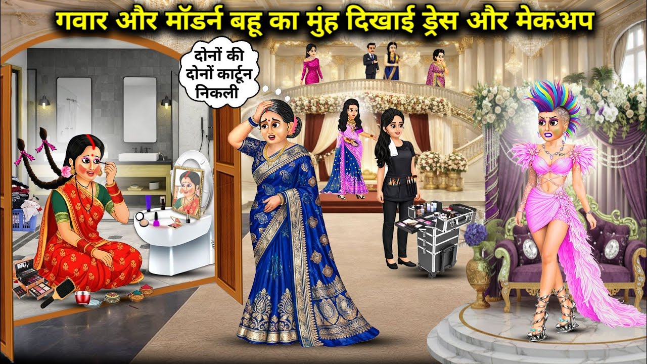 गवार और मॉडर्न बहू की मुंह दिखाई ड्रेस और मेकअप llCartoon videos ||Gawar and Technician Daughter-in-