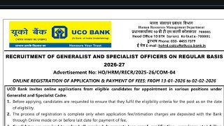 Recrutamento de generalistas e especialistas do UCO Bank em regime efetivo em 20