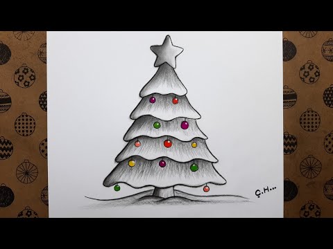 Adım Adım Çok Kolay ve Ögretici Yeni Yıl Ağacı Nasıl Çizilir, How to Draw Christmas tree