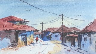 Watercolour Landscape Painting For Beginners | Village Painting | Scenery Drawing | Beautiful House