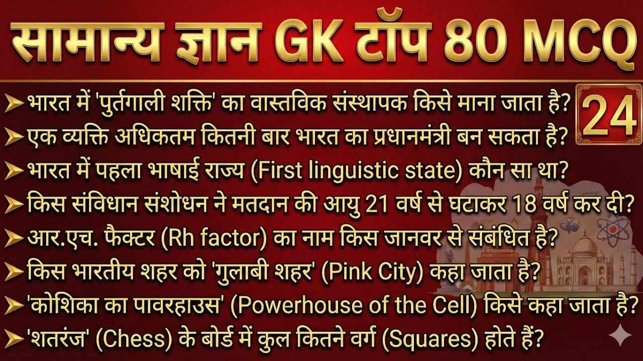 Top 80 GK/GS Questions in Hindi — RRB JE, SSC GD, MTS, RPF, CRPF 2025 | Gk quiz