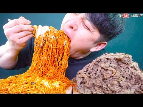 체다치즈올린 불닭볶음면4봉 <strong>청년다방</strong> 차돌박이10인분 소름돋는조합 CHEEZE SPICY FIRE NOODLES &amp;amp; MEAT  REAL SOUND MUKBANG