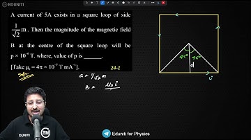 A current of 5 A exists in a square loop of side 1/√ 2 m  . Then the magnitude of the magnetic field