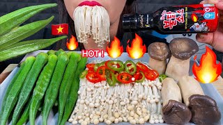 ASMR VEGGIE PLATTER   SPICY FIRE SAUCE (OKRA, ENOKI & KING OYSTER MUSHROOMS) MASSIVE Eating Sounds