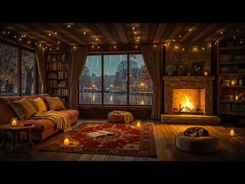 Rainy Autumn Fireplace 🍂🌧️ Cozy Jazz Library Ambience for Relaxation, Study & Deep Sleep