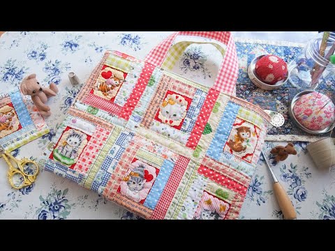ベビーベアとログキャビンのキルト　パッチワーク　ベビーキルト　ハンドメイド DIY】100均材料だけでパッチワークを楽しむ＊子猫のログキャビンで