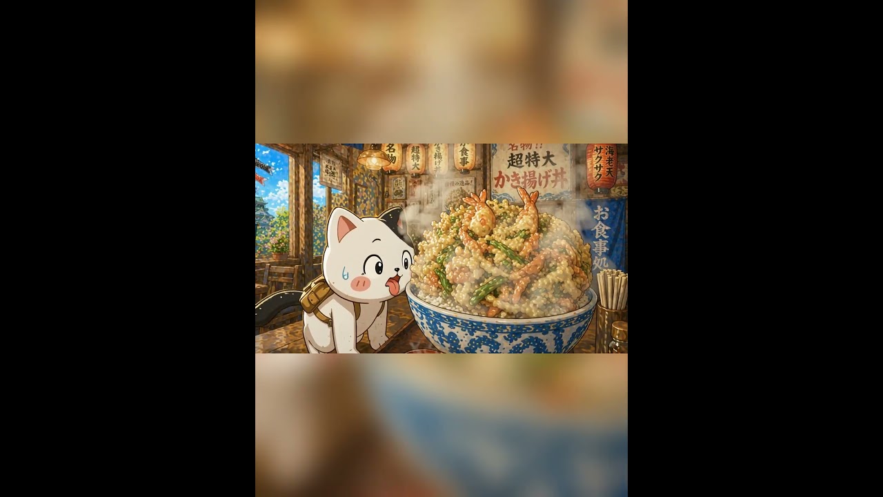 お出かけ中お腹が空いたほのちゃん、GWの記念に特大かき揚げ丼に挑戦