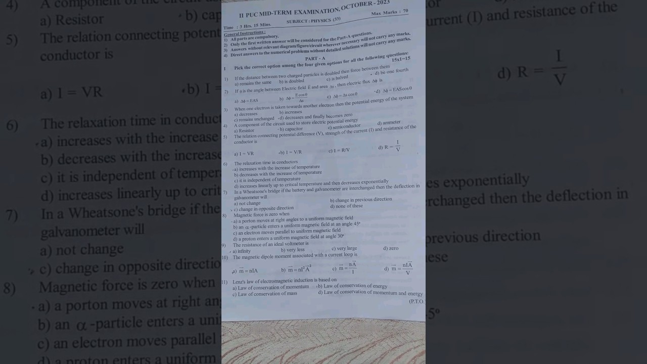 2ND PUC PHYSICS VERY TUFF🔥MID TERM EXAMINATION PAPER BANGALORE NORTH🔥