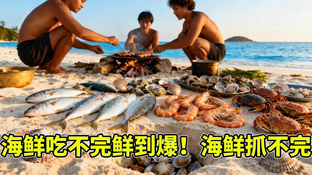 沙洲岛求生太爽了！一挖一个准的沙滩海鲜，海水煮 + 炭火烤，根本吃不完！