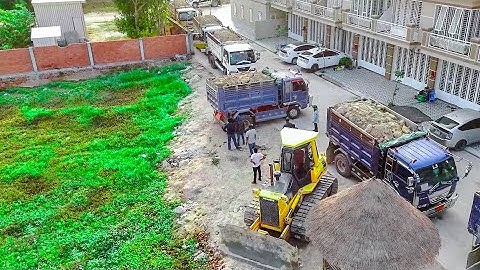 Nicely Start Project LANDFILL Task! 5TTrucks Unloading Soil & Dozer KOMATSU D61EX pushing clear land