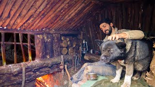 7 Days SOLO SURVIVAL CAMPING In RAIN and SNOW  Building Warm BUSHCRAFT SHELTER with FIREPLACE