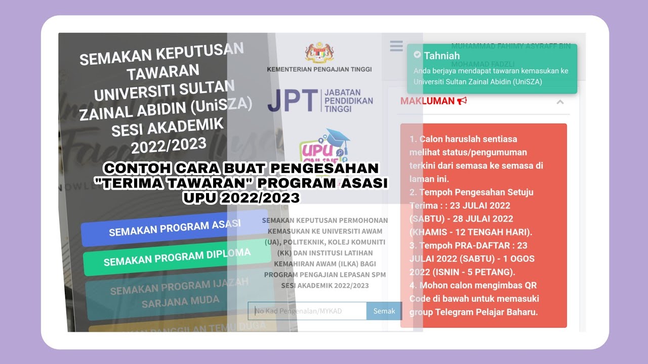 CONTOH CARA MEMBUAT PENGESAHAN TERIMA TAWARAN PROGRAM ASASI UPU|ASASI