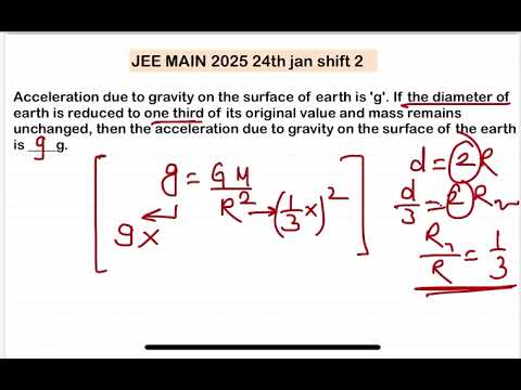 JEE MAIN 2025(24jan shift2)Acceleration due to gravity on the surface of earth is 'g'. If the diamet 14 JEE MAIN 2025(24jan shift2)Acceleration due to gravity on the surface of earth is 'g'. If the diamet