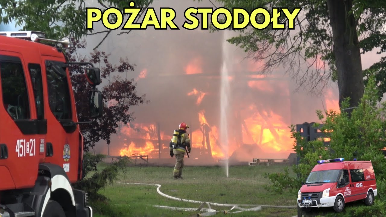 Duży pożar stodoły w Niedźwiadzie k. Łowicza 26.05.2025 - Akcja gaśnicza i przejazdy wozów z OSP
