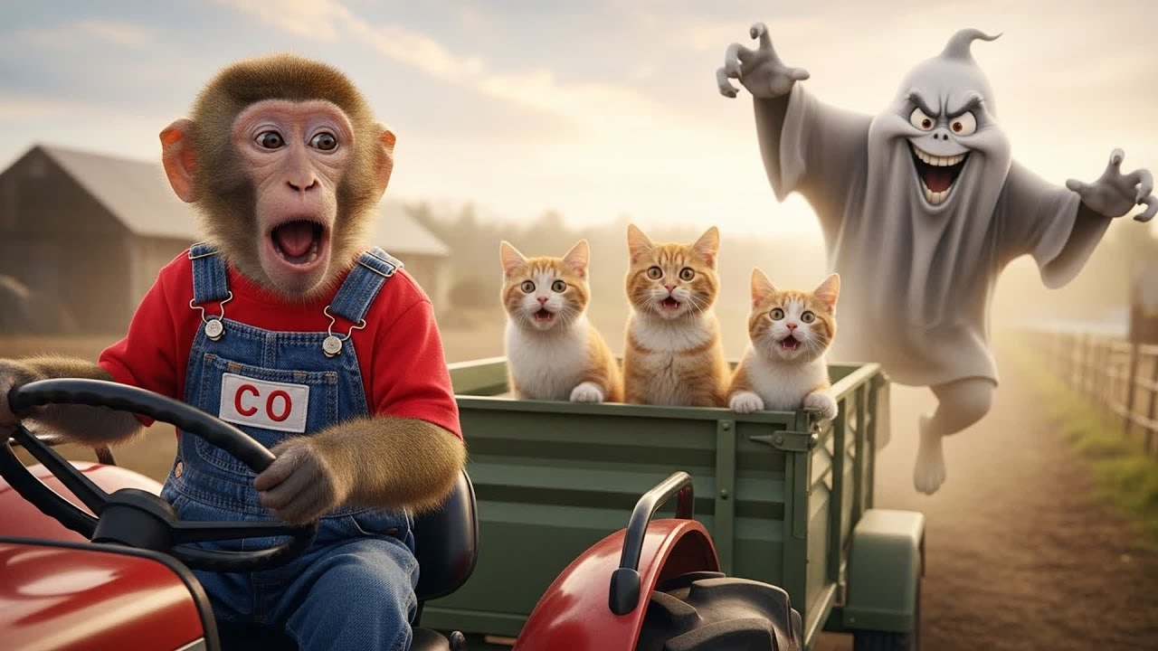 Monkey CO Drives the Fire Truck to Rescue the Tabby Cat from a Flood on Halloween 🐒🚒