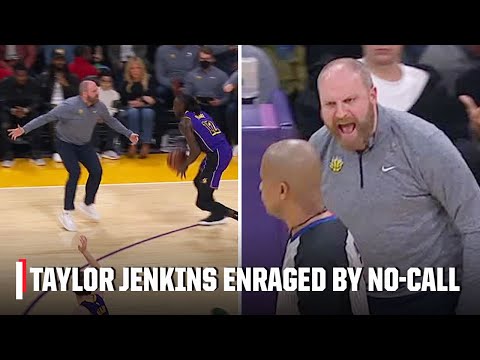 Taylor jenkins rushes court in protest of no-call on lebron james | nba on espn