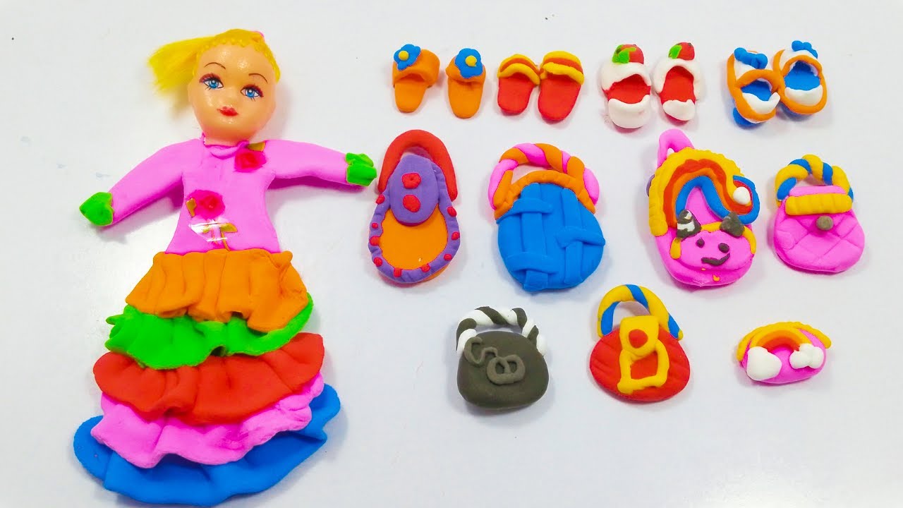 DIY How to Make Polymer Clay Miniature Doll Dress, Shoes and Bag ||