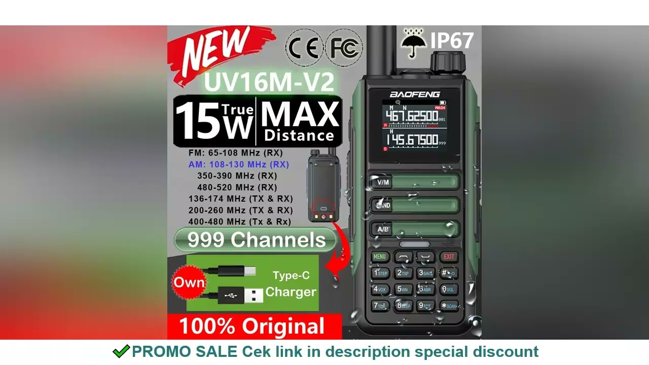 Upgrade Baofeng UV16M V2 Walkie Talkie 15W High Capacity AM FM 2-Way Radio Full Band LCD 999CH Frequ