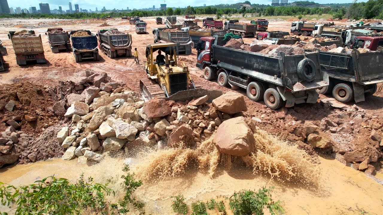 Wow! Amazing Mighty Bulldozer KOMATSU D68E Strong Pushing Large Stones in Mud Landfilling Process