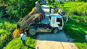 Perfect First Start New Project Land Fill Up Dozer Push Soils Into Water Lake With Dump Truck 5 Ton