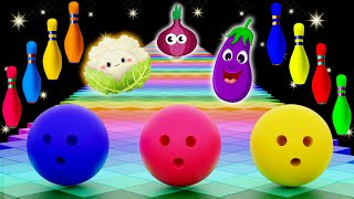 Vegetables with bowling ball | Bowling Ball Adventure For Kids | Vegetable names with bowling pins
