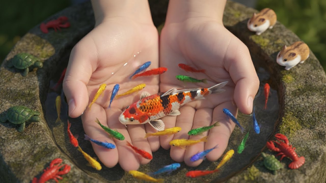 Catch beautiful aquarium fish in small pond baby turtles, eel, koi, pencil fish, puffer fish, spider