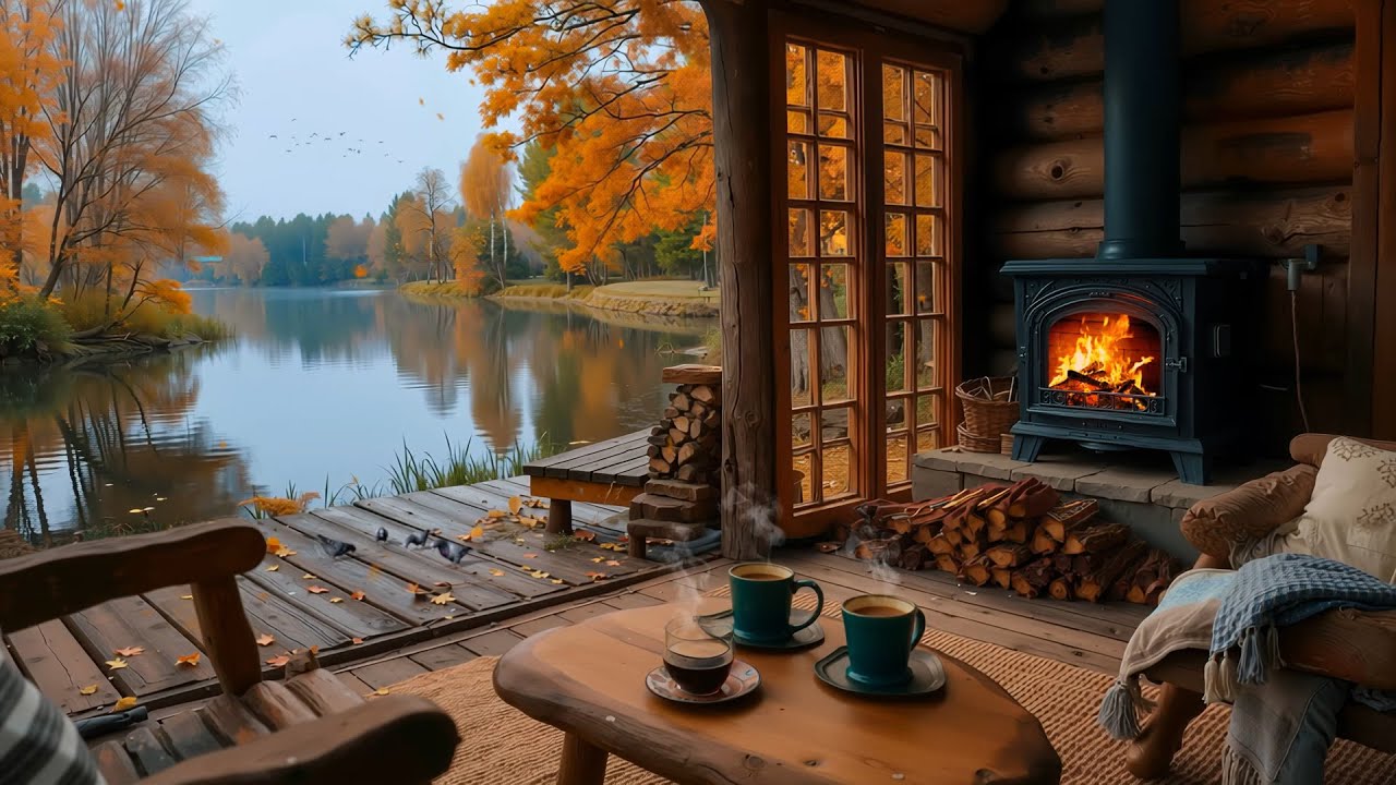 Autumn Chill & Morning Coffee π | Riverside Cabin Ambience with Fire ...