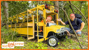 Camping in kids school bus, lost in woods, and rescued by kids helicopter. Educational | Kid Crew