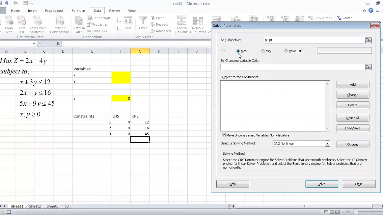 solving linear programming problem using excel solver