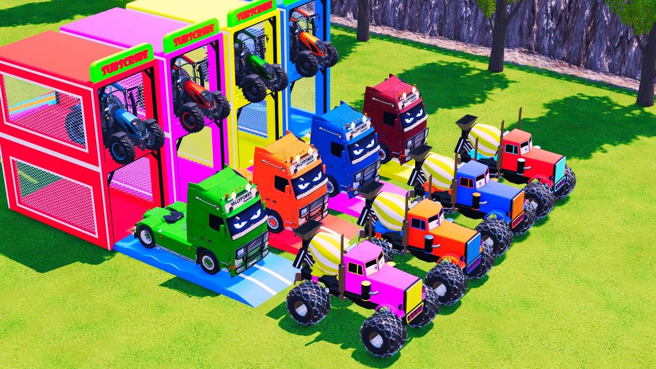 Transport with Colors - ALL MIXER TRUCK WITH DOUBLE FLATBED TRAILER TRUCK & TRACTOR! FS22 #120