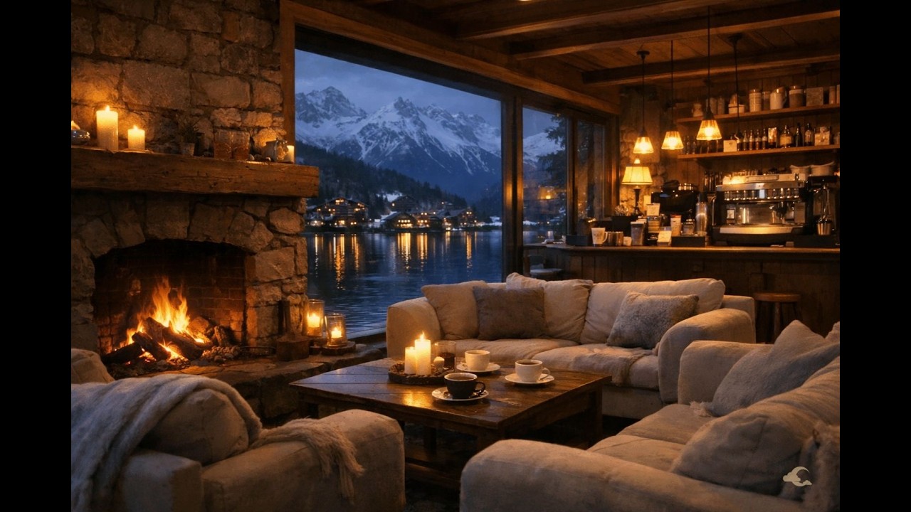 Cozy Lakeside Café Ambience ☕ Fireplace Sounds & Alpine Night Lake for Relaxation, Study & Sleep