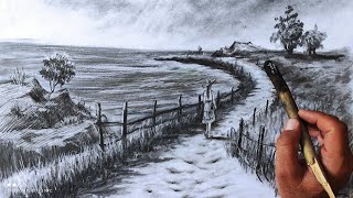 Coastal road landscape drawing☘A beautiful view from the sea with coal