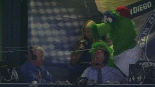 The Phanatic jokes around in the Padres booth