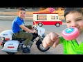 POLICE MOTORCYCLE Ride on Power Wheels FOR KIDS! CALEB Pretend Play with MOM! Chasing ICE CREAM MAN