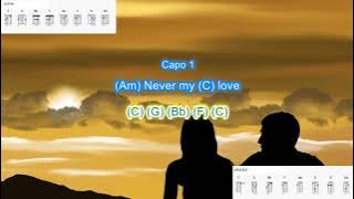 Never my Love by The Association play along with scrolling guitar chords and lyrics