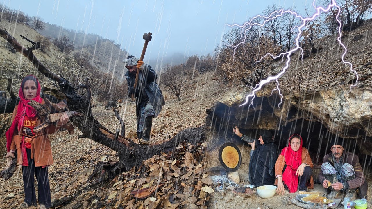 Выживание в суровых зимних условиях — снег и дождь, кочевая жизнь в каменной пещере 🌧🔥🌨
