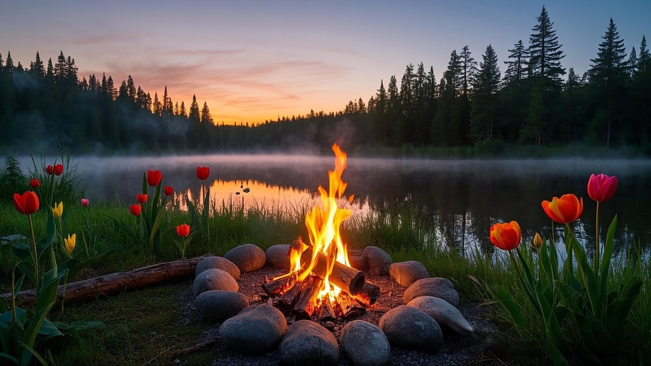Spring Lakeside CAMPFIRE: Relax with Nature Sounds & Gentle Bird ...