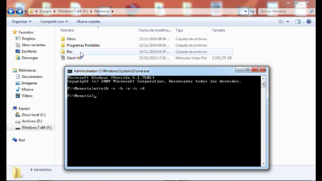 Mostrar y eliminar virus autorun y archivos ocultos en USB con la ventana  de comandos de windows - YouTube