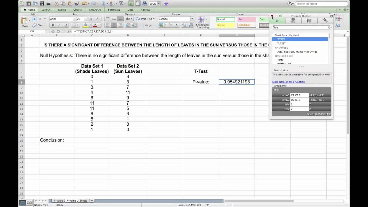 Carrying out a T-Test in Microsoft Excel - YouTube